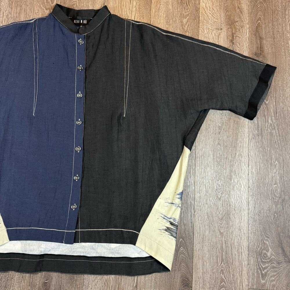 Ozai N Ku Black Blue Brush Stroke Top Shirt Boxy Oversized Art to Wear sz 1 - Picture 3 of 13